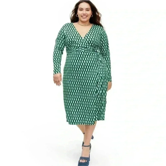 NWT Women's Long Sleeve Midi Arrow Geo Green Wrap Dress - DVF for Target XXL - Picture 1 of 6